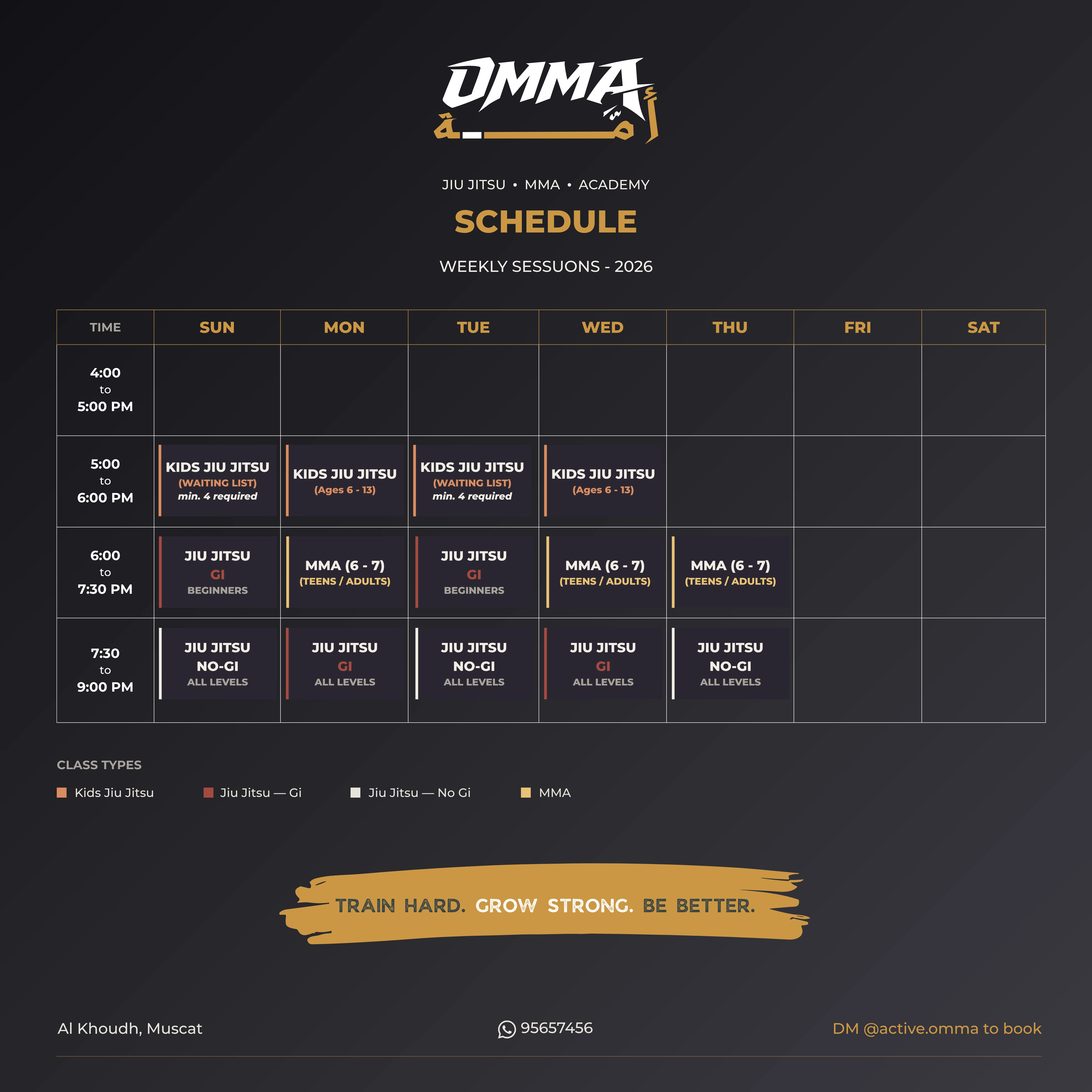 OMMA Weekly Class Schedule – BJJ, MMA, Self-Defense & Youth Sessions