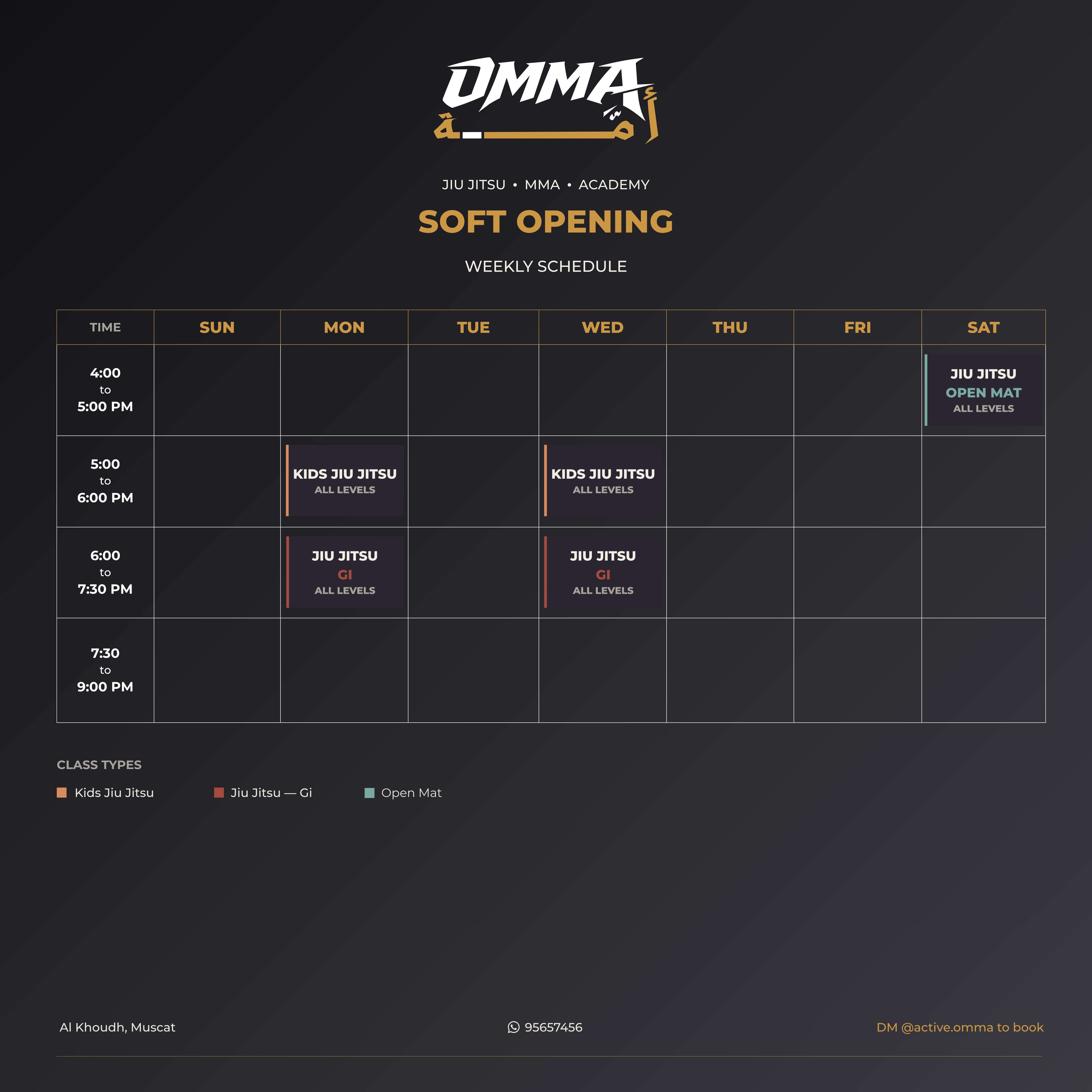 OMMA Weekly Class Schedule – BJJ, MMA, Self-Defense & Youth Sessions